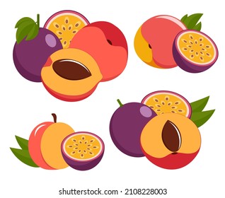 Pfirsich und Passionsfrucht. ein Haufen tropischer Früchte einzeln auf weißem Hintergrund. Vektorgrafik.
