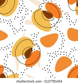 Peach pattern. Abstract spots and half of a ripe apricot on a white background. Seamless pattern, print for textiles or packaging. Yellow fruits, peach in a modern minimalist trendy style. Vector 