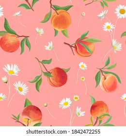 Peach pattern with daisy, tropic fruits, leaves, flowers background. Vector seamless texture illustration, watercolor style for summer cover, tropical wallpaper, vintage backdrop, wedding invitation
