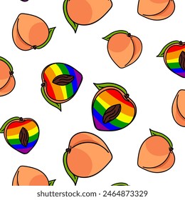 A peach pattern painted inside in all the colors of the rainbow. Repeating fruits with contours and color. Whole and cut in different poses. An LGBT symbol. Suitable for website, packaging