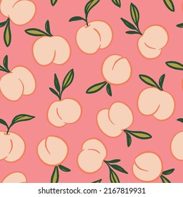 Peach pattern repeat in coral background - sweet fruit spring summer design print. Vector illustration. Great for kids and fun home decor. Surface pattern design.