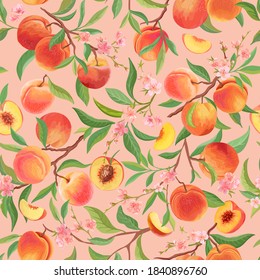 Peach pattern with tropic fruits, leaves, flowers background. Vector seamless texture illustration in watercolor style for summer cover, tropical wallpaper, vintage backdrop, wedding invitation
