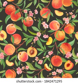 Peach pattern with tropic fruits, leaves, flowers background. Vector seamless texture illustration in watercolor style for summer cover, tropical wallpaper, vintage backdrop, wedding invitation
