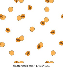 Peach pattern. Vector illustration. Doodle style. Peaches on white background.