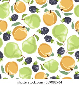 Peach, pear, blackberries seamless pattern. Vector illustration.