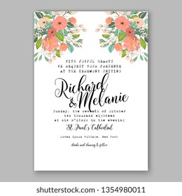 Peach peony wedding invitation floral card template vector greenery rose