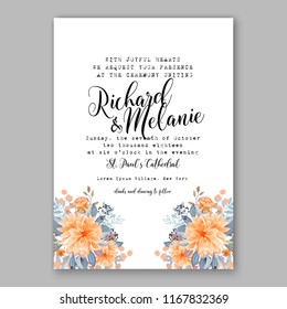 Peach Peony wedding invitation vector floral card template background watercolor