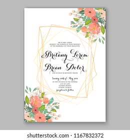 Peach Peony wedding invitation vector floral card template background watercolor