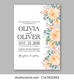 Peach peony wedding invitation vector template with winter floral wreath of fir anemone peony needle pine branch