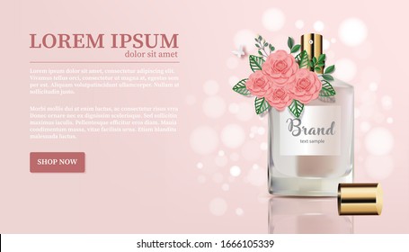 Peach Perfume Bottle With Bouquet - Pink Gardenia Floral And Butterfly On Peach Background-Perfume With Flower Paper Cut Banner-Vector Illustration