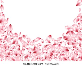 Peach petals flying vector fashionable background. Spring falling flower parts confetti, blossom elements valentine design. Gentle flower blossom petals background illustration.