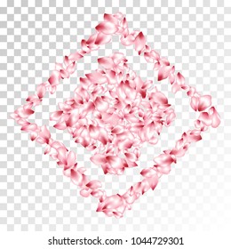 Peach petals flying vector floral background. Spring falling flower parts confetti, blossom elements floral design. Idyllic flower blossom petals card background.