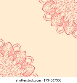 Peach pink diagonal fourths Indian style ornate mandala card template with copy space. Vector blank with ethnic motifs