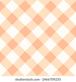 Peach pink diagonal Vichy check seamless vector pattern. Hand-drawn Gingham check pattern. Gender neutral pastel orange pink and white plaid design. Coral grid on an off-white background.