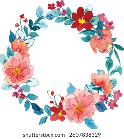peach and pink flower with blue leaf watercolor wreath