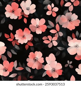 Peach and pink flowers on a black background, watercolor flower seamless pattern. Watercolor print in rustic vintage style, textile or wallpapers.