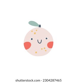 Peach, pink orange character icon with smiley face. Hand-drawn cartoon doodle in simple naive style. Vector illustrations in a pastel palette for kids. Isolate cute fruit on a white background