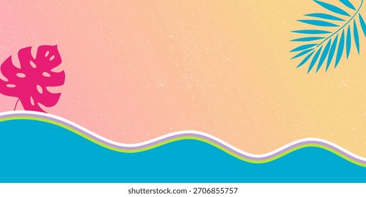 Fundo de gradiente pastel pêssego e rosa com textura de ruído e elemento de folhas de palma