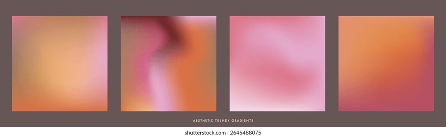Peach pink purple coral gradient background. Abstract subtle aura texture. Set of 4 square vector aesthetic blurry melt pink bg for poster, banner, social media, beauty, cosmetics and wedding design