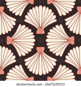Peach pink scallop shells on dark moody blackish grey with dots and hearts 