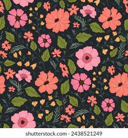 Peach and pink spring night garden pattern Allover colourful florals seamless vector design