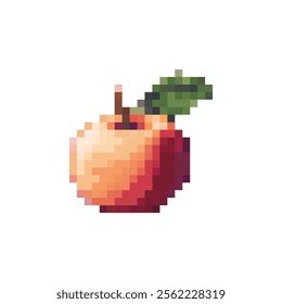 Peach pixel art icon, fruit logo. Isolated vector illustration. Game assets 8-bit sprite. Design for stickers, web, mobile app etc. Minimalistic pixel graphic. Fruit symbol. Old style. 80s, 90s