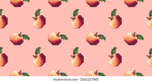 Peach pixel art seamless pattern fruit. Vector illustration. Game assets 8-bit sprite. Design for stickers, web, mobile app etc. Minimalistic pixel graphic. Fruit symbol. Old style. 80s, 90s