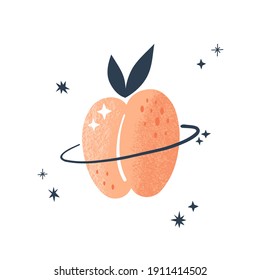 Peach planet Celestial fruit vector illustration isolated on white. Juicy galaxy Peachy space summer art for kid textile apparel design print