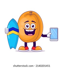 peach playing surfing cartoon mascot character vector illustration design