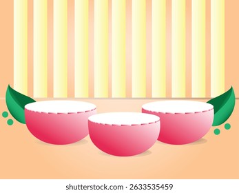 Peach Podium Scene with Vertical Lines and Leaves For Product Placement Display