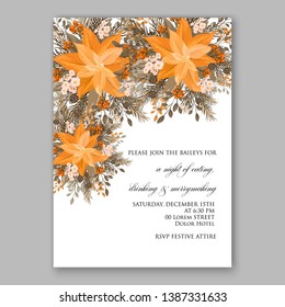 Peach Poinsettia Merry Christmas Party Invitation flyer Floral winter wreath of flower fir pine cone berry