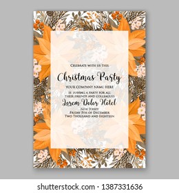 Peach Poinsettia Merry Christmas Party Invitation flyer Floral winter wreath of flower fir pine cone berry