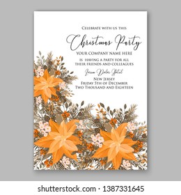 Peach Poinsettia Merry Christmas Party Invitation flyer Floral winter wreath of flower fir pine cone berry