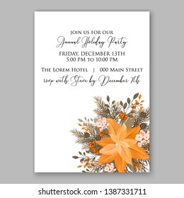Peach Poinsettia Merry Christmas Party Invitation flyer Floral winter wreath of flower fir pine cone berry
