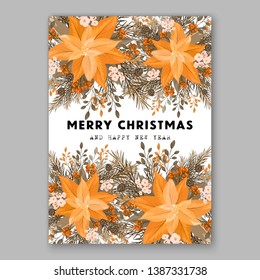 Peach Poinsettia Merry Christmas Party Invitation flyer Floral winter wreath of flower fir pine cone berry