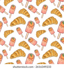 Peach popsicles, croissants, and pink macarons arranged in a playful seamless breakfast and dessert pattern