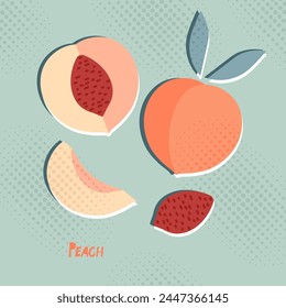 Peach print in Printmaking style. Abstract natural paper poster in pastel colors with raster texture effect. Hand-drawn apple For poster, banner, cover, social networks, postcards, printing.
