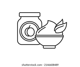 Peach puree in baby food jar and bowl with jam, yogurt, ice cream, dessert. Kids nutrition icon. Vector outline illustration isolated on white background