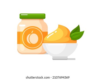 Peach puree in white bowl and baby food jar with label. Kids nutrition icon. Vector colorful flat illustration isolated on white background