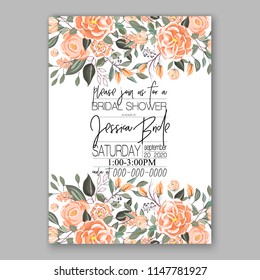 Peach ranunculus peony greenery bouquet bride wedding invitation template design. Vector floral template background for party celebration bridal baby shower anniversary congratulation greeting card