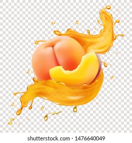 Peach Realistic Fruit And Juice Splash Vector Illustration