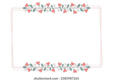 Peach Rectangular Borders Frame Or Wreath With Love Peach Flowers And Green Leaves