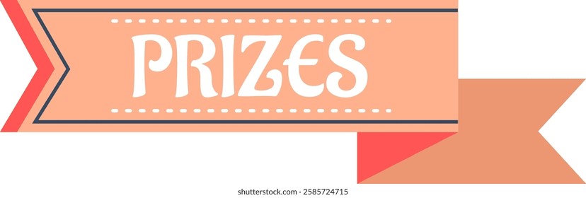 Peach and red ribbon showing prizes lettering with dotted lines and gray borders, isolated on white background, ideal for contests, competitions, and awards ceremonies