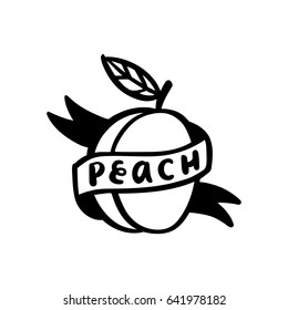 Peach and ribbon with a calligraphic inscription "peach" handwritten of black ink on a white background. It can be used for sticker, patch, phone case, poster, t-shirt, mug etc.