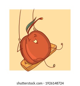 peach rides on a swing. A scene from the life of fruits. Summer illustration for design, mascot, logo or textile print