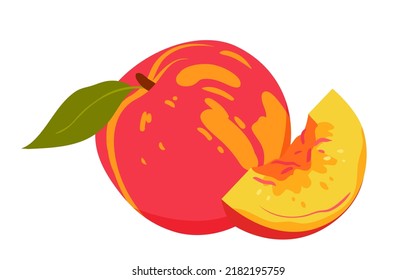 Peach Ripe Fruit With Green Leaf Vector Illustration. Cartoon Isolated Whole Fresh Peach Or Nectarine, Cut In Piece, Juicy Delicious Slice For Eating Or Cooking Summer Vegetarian Vitamin Dessert