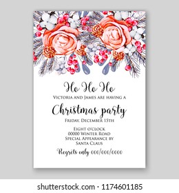 Peach Rose chrustmas party invitation card template peony ranunculus vector background for baby shower bridal shower invitation Winter floral pattern