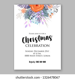 Peach rose fir winter wreath illustration for Christmas Party card Wedding invitation floral vector template