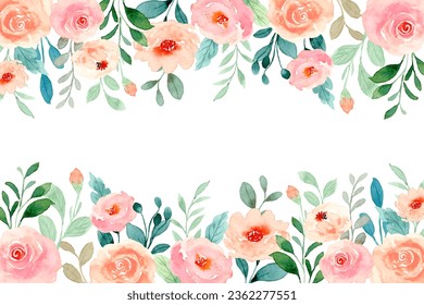 Peach rose flower watercolor border for wedding, birthday, card, background, invitation, wallpaper, sticker, decoration etc.