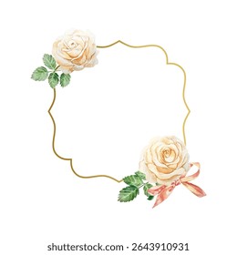 Peach roses and golden frame, watercolor. Hand drawn vector illustration of pastel flowers. For birthday greeting cards, Valentines Day, wedding invitations, summer banners, posters, labels.
